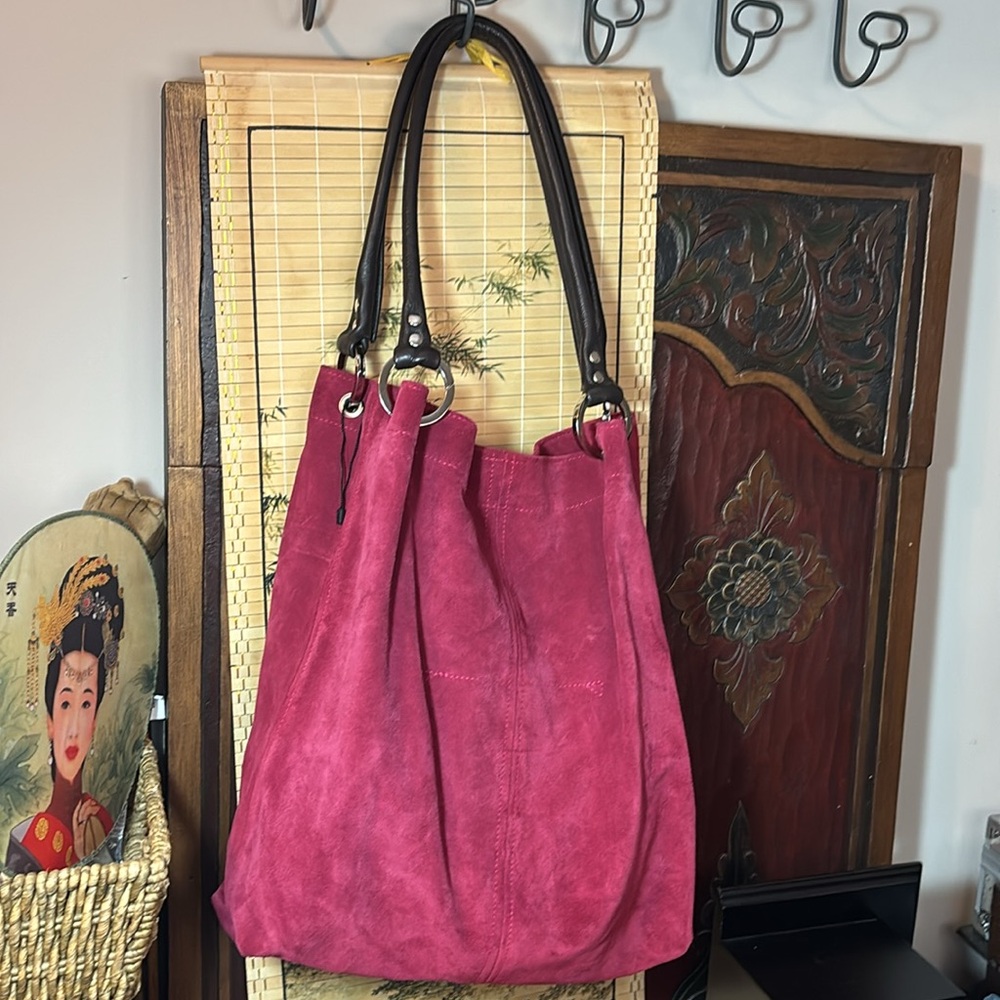 Owen Barry Bucket Bag - Red Suede Leather Handles 14”Hx13”Lx3.5"